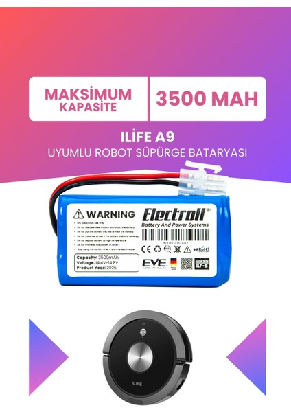 Ilife A9 Uyumlu Batarya (Maksimum Kapasite) 3500MAH Robot Süpürge Bataryası Değişimi