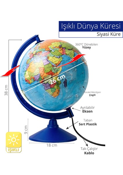 Gürbüz Eco 47303 Işıklı Siyasi Dünya Küresi 26 cm modelleri