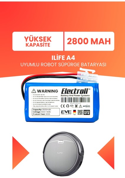 Ilife A4 Uyumlu Batarya (Yüksek Kapasite) 2800MAH Robot Süpürge Bataryası Değişimi
