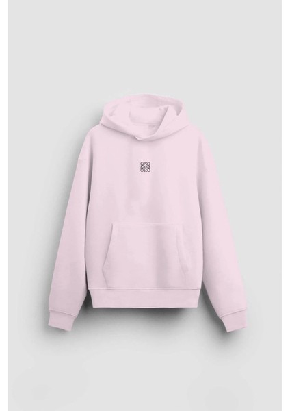 Pembe Unisex Yüksek Baskılı Kapüşonlu Kanguru Cepli Oversize Hoodie