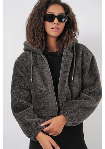 5193 Kapüşonlu Peluş Crop Ceket - Antrasit