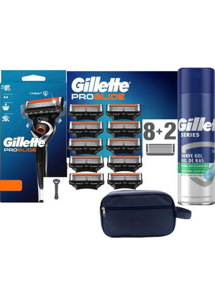 Proglide Makine - 10 Yedek Tıraş Bıçağı - 200 ml Jel - Çanta