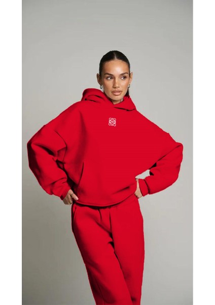 Kırmızı Unisex Yüksek Baskılı Kapüşonlu Kanguru Cepli Oversize Hoodie fiyatları