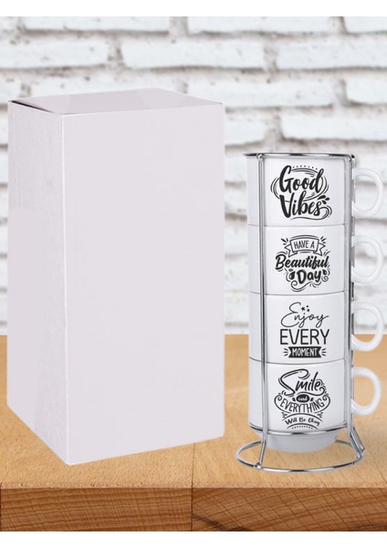 Deepcraft Stantlı 4'lü Fincan Seti Çıkmaz Baskılı Good Vibes Motto Desenli 4 Adet Fincan Seti 190 ml