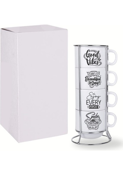Deepcraft Stantlı 4'lü Fincan Seti Çıkmaz Baskılı Good Vibes Motto Desenli 4 Adet Fincan Seti 190 ml