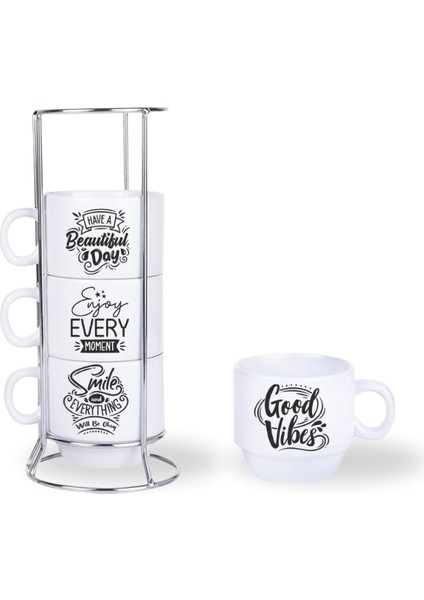 Deepcraft Stantlı 4'lü Fincan Seti Çıkmaz Baskılı Good Vibes Motto Desenli 4 Adet Fincan Seti 190 ml