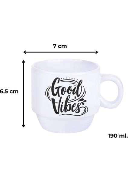 Deepcraft Stantlı 4'lü Fincan Seti Çıkmaz Baskılı Good Vibes Motto Desenli 4 Adet Fincan Seti 190 ml