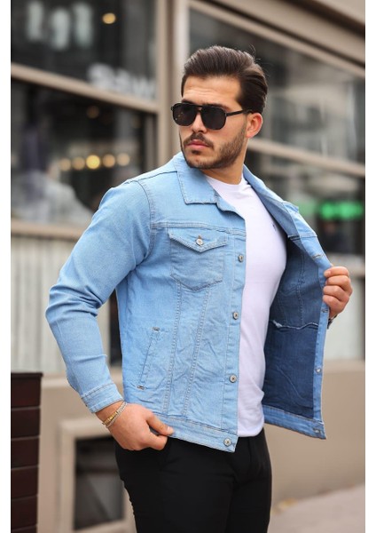 Buz Mavi Eskitme Erkek Kot Ceket