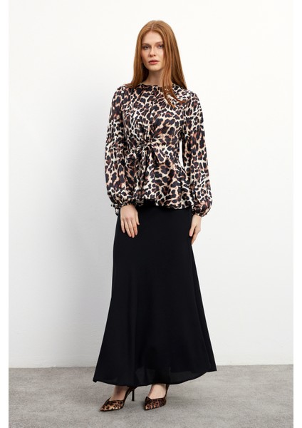 Leopar Desenli Bluz Etek Takım - Kahve