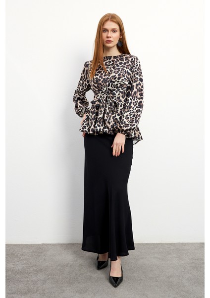 Leopar Desenli Bluz Etek Takım - Vizon
