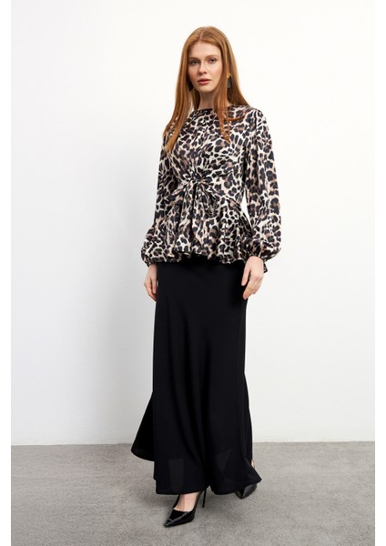 Leopar Desenli Bluz Etek Takım - Vizon fiyatları