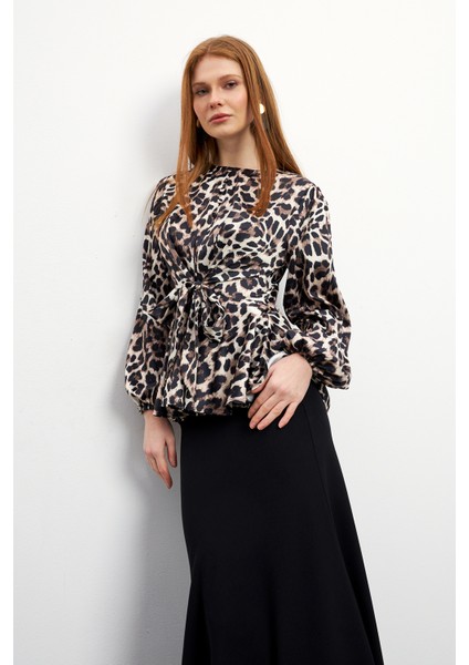Leopar Desenli Bluz Etek Takım - Vizon modelleri