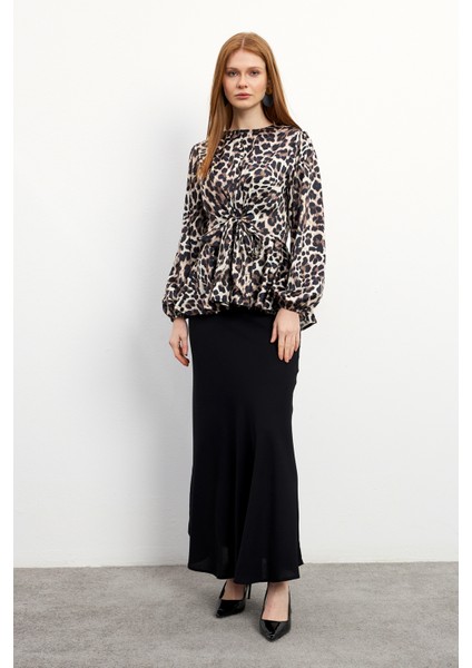 Leopar Desenli Bluz Etek Takım - Vizon fırsatları
