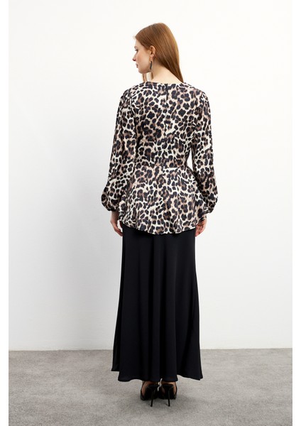 Leopar Desenli Bluz Etek Takım - Vizon indirimleri