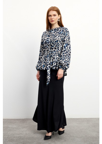 Leopar Desenli Bluz Etek Takım - Indigo