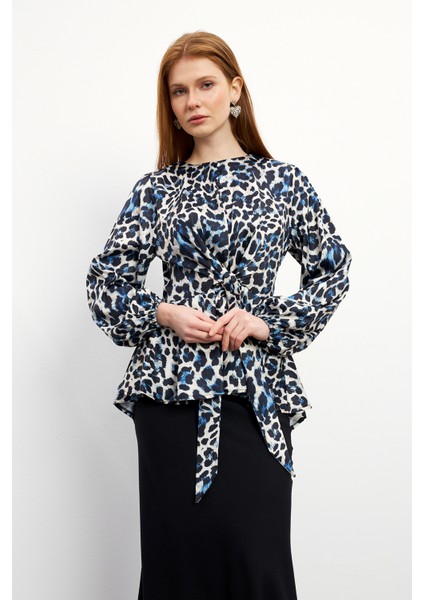 Leopar Desenli Bluz Etek Takım - Indigo