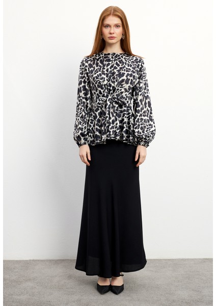 Leopar Desenli Bluz Etek Takım - Siyah
