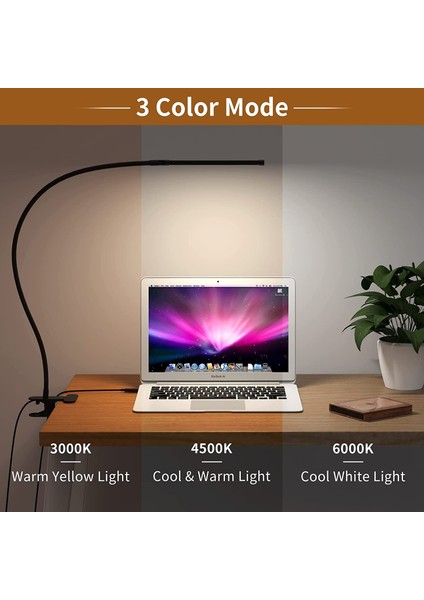 10W LED Masa Lambası Kelepçeli Kısılabilir Klipsli Okuma Işığı 10 Parlaklık Seviyesi 3 Aydınlatma Modu Esnek Çalışma Masası Lambası USB (Yurt Dışından)