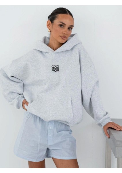 Gri Melanj Unisex Yüksek Baskılı Kapüşonlu Kanguru Cepli Oversize Hoodie