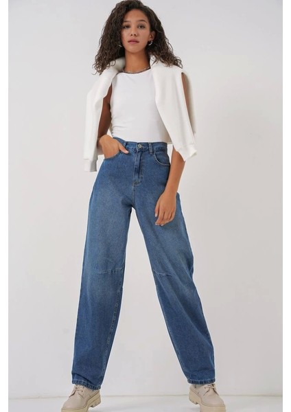 6689 Yüksek Bel Baggy Kot Pantolon - Lacivert
