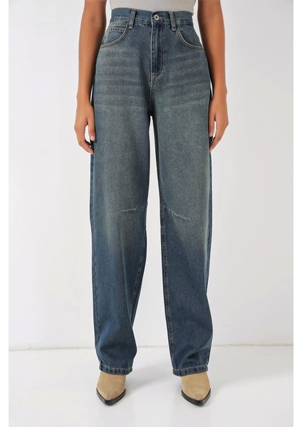 6689 Yüksek Bel Baggy Kot Pantolon - Indigo
