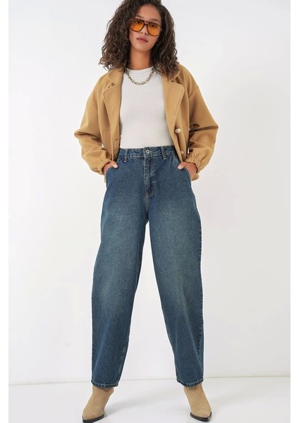 6688 Yüksek Bel Baggy Kot Pantolon - Indigo