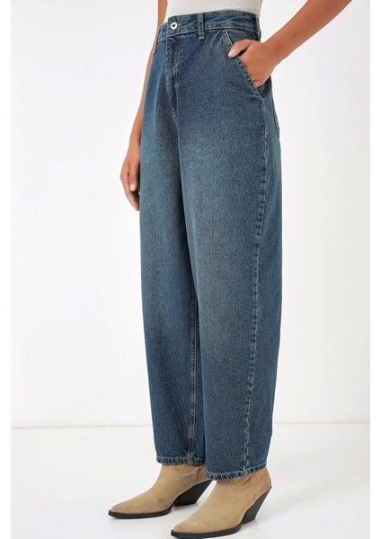 6688 Yüksek Bel Baggy Kot Pantolon - Indigo