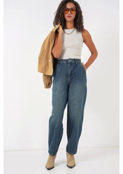 6688 Yüksek Bel Baggy Kot Pantolon - Indigo