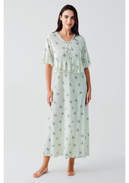 Fiyonk Desenli Kısa Kollu Uzun Esnek Viskoz Gecelik 17105