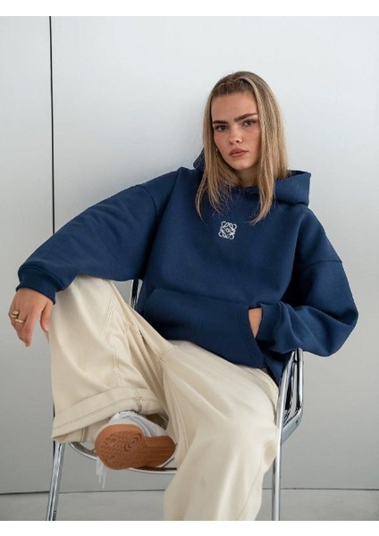 Indigo Unisex Yüksek Baskılı Kapüşonlu Kanguru Cepli Oversize Hoodie