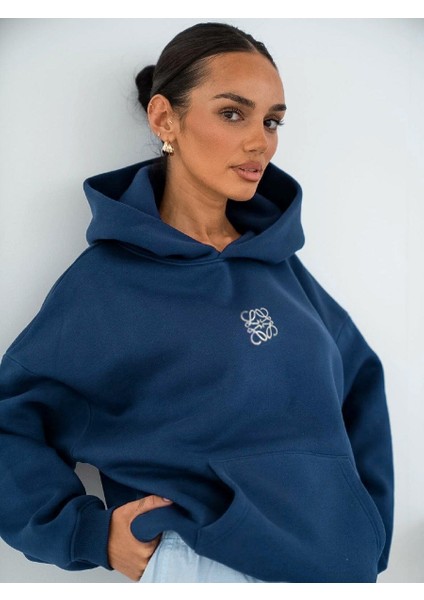 Indigo Unisex Yüksek Baskılı Kapüşonlu Kanguru Cepli Oversize Hoodie