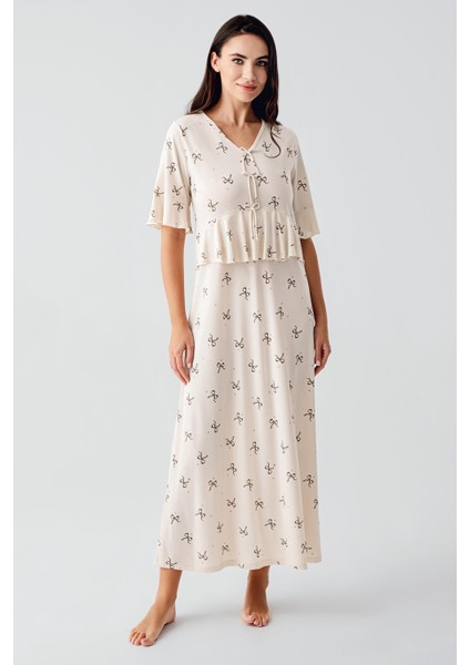 Fiyonk Desenli Kısa Kollu Uzun Esnek Viskoz Gecelik 17105