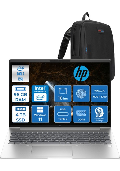 Elitebook 660 G11 Intel Core Ultra 7 155U 96GB Ddr5 4tb SSD 16" Wuxga 300NITS IPS Windows 11 Pro Taşınabilir Bilgisayar 9C004EAP34 + Zetta Çanta