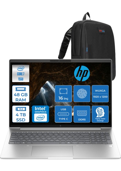 Elitebook 660 G11 Intel Core Ultra 7 155U 48GB Ddr5 4tb SSD 16" Wuxga 300NITS IPS Freedos Taşınabilir Bilgisayar 9C004EAF20 + Zetta Çanta