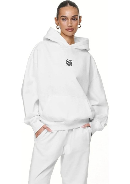 Beyaz Unisex Yüksek Baskılı Kapüşonlu Kanguru Cepli Oversize Hoodie