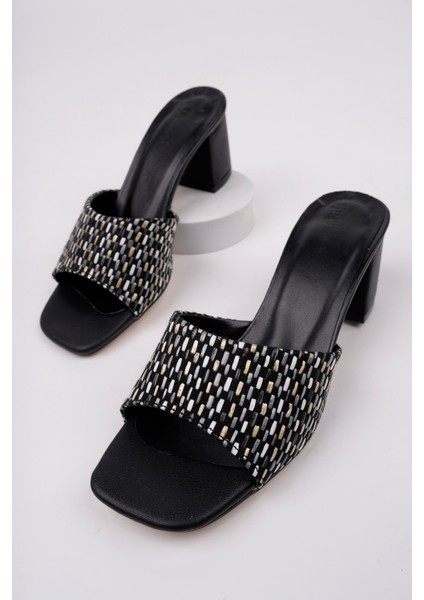BA04194 Siyah Kadın Hasır Örgülü Günlük Abiye Bohça 6 cm Topuklu Terlik - 37
