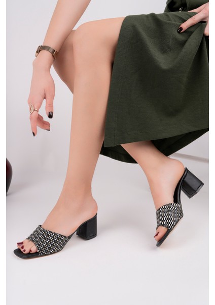 BA04194 Siyah Kadın Hasır Örgülü Günlük Abiye Bohça 6 cm Topuklu Terlik - 38 fiyatları