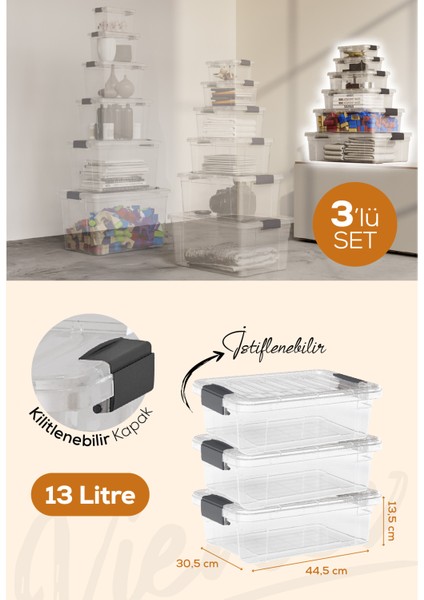 3'lü 13 Litre Kilitli Kapaklı Saklama ve Erzak Kutusu 33105