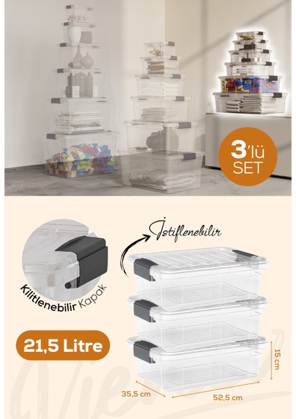 3'lü 21,5 Litre Kilitli Kapaklı Saklama ve Erzak Kutusu 33106