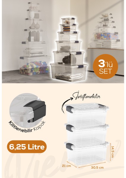 3'lü 6,25 Litre Kilitli Kapaklı Saklama ve Erzak Kutusu 33113