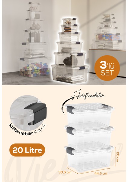 3'lü 20 Litre Kilitli Kapaklı Saklama ve Erzak Kutusu 33115