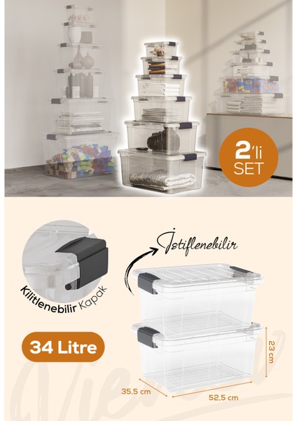 2'li 34 Litre Kilitli Kapaklı Saklama ve Erzak Kutusu 33116