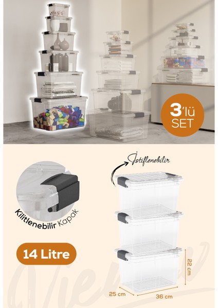 3'lü 14 Litre Kilitli Kapaklı Saklama ve Erzak Kutusu 33124