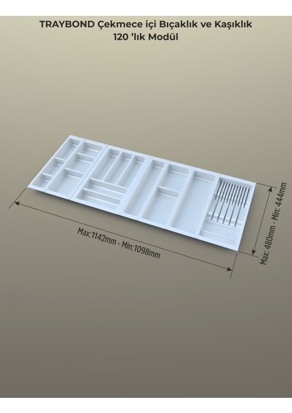Çekmece Içi Kaşıklık ve Bıçaklık Düzenleyici Beyaz, 114X48 Yandan ve Boydan 4cm Kesilebilir modelleri