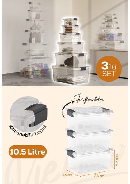 3'lü 10,5 Litre Kilitli Kapaklı Saklama ve Erzak Kutusu 33114