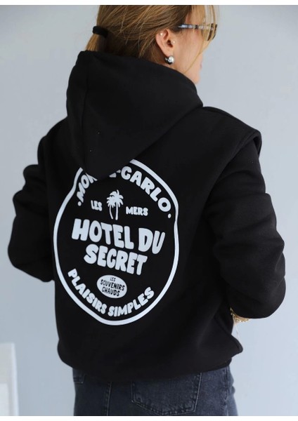 Siyah Sırt Baskı Detay Kapşonlu Sweat indirimleri