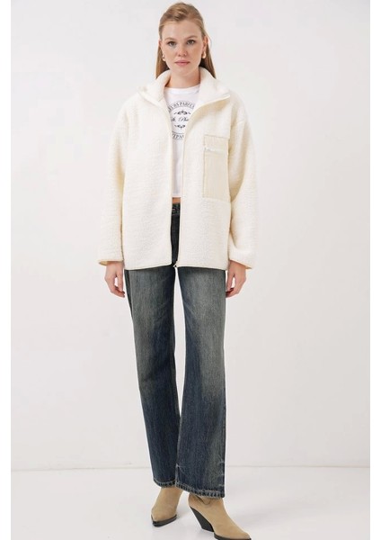 55446 Fermuarlı Oversize Peluş Mont - Bej