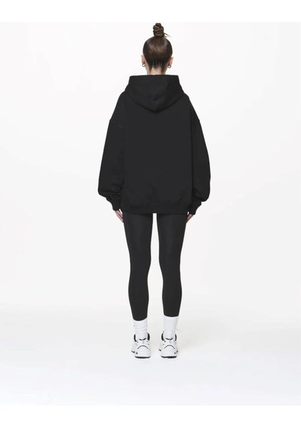 Siyah Unisex Yüksek Baskılı Kapüşonlu Kanguru Cepli Oversize Hoodie