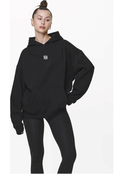 Siyah Unisex Yüksek Baskılı Kapüşonlu Kanguru Cepli Oversize Hoodie modelleri