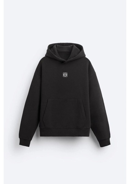 Siyah Unisex Yüksek Baskılı Kapüşonlu Kanguru Cepli Oversize Hoodie fırsatları